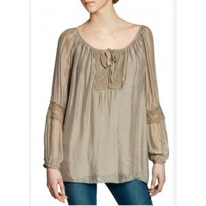 Victoria Italy Silk Blouse Top L Large Olive Green Embroidered Long Sleeve NEW